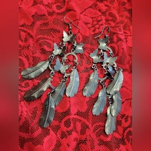 Silver Feather and Butterfly Dangle Earrings